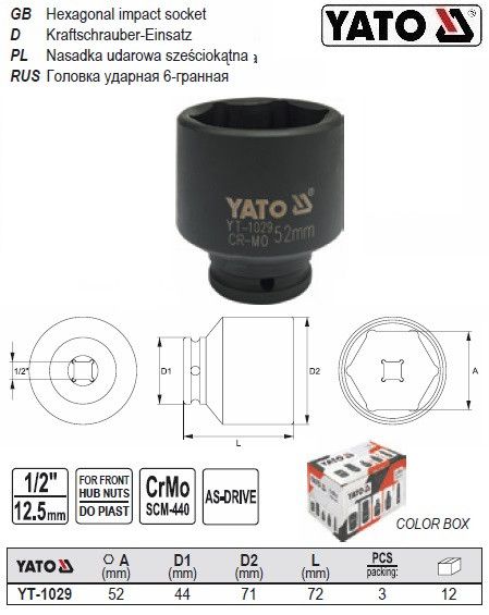 Головка ударна для ступиць 6 гранна 1/2" М52х72 мм Польща YATO YT-1029