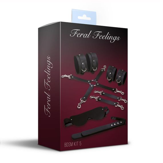 Набір для БДСМ 5 в 1 Feral Feelings BDSM Kit 5 Black, наручники, поножі, хрестовина, маска, падл | Зображення 1