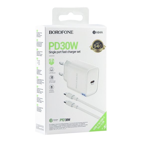Мережевий зарядний пристрій Borofone BA84A 1 USB-C PD/QC 30 W + Type-C to Type-C | Зображення 1