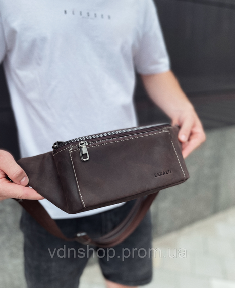 Сумка-бананка зі шкіри 24х11х8, чоловічий крейзі хорс для гаджетів на пояс CH-7371 коричнева | Зображення 2
