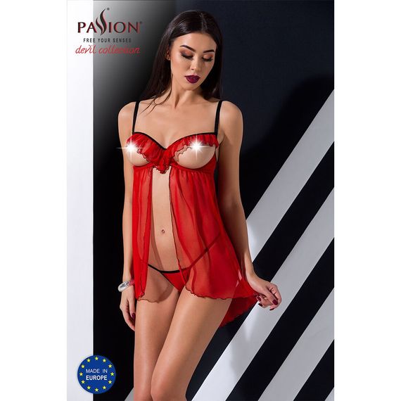 Прозорий пеньюар з відкритими грудьми CHERRY CHEMISE red L/XL - Passion Exclusive, трусики | Зображення 3