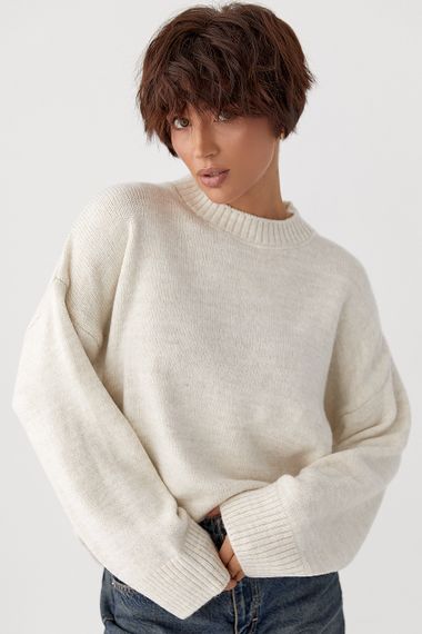 В'язана однотонна кофта вільного фасону - бежевий цвет, L (є розміри) | Зображення 4