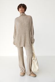 Вільний костюм в рубчик зі светром і прямими штанами - кавовий цвет, ONE SIZE (є розміри)