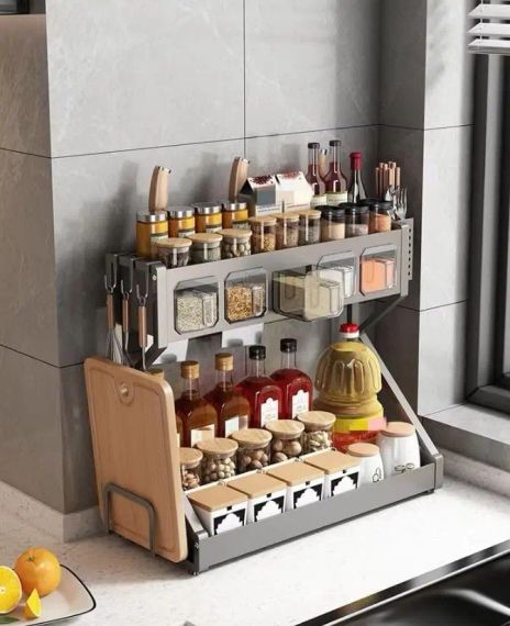 Органайзер для приправ Glaceon Spice Rack, двоярусна стійка для посуду + спецівниця, багатофункціональна сушарка посуду та спецій, містка полиця для спецій з кухонними шафами | Зображення 1