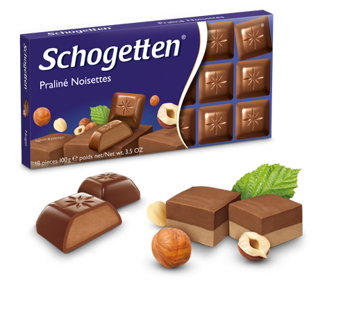 Шоколад с ореховым пралине Schogetten Praline, 100 г, немецкий молочный шоколад,