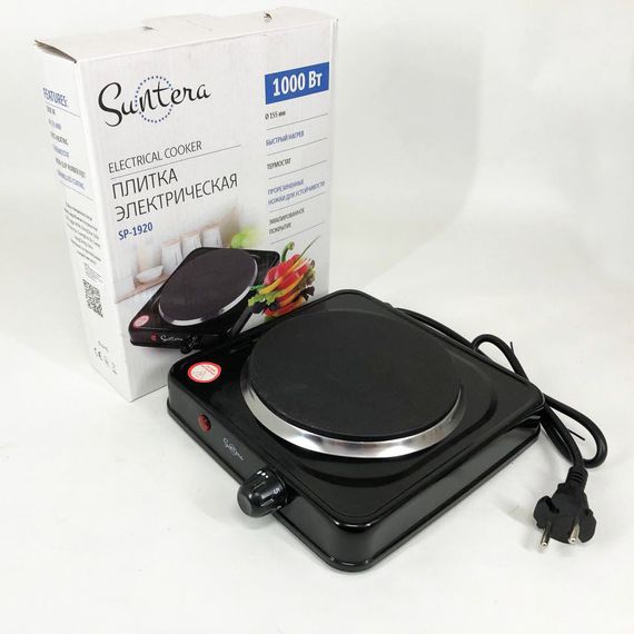 Електроплита 1 конфорка Suntera SPC-1920 чорна, Електроплита настільна одноконфоркова, TR-226 електро плита | Зображення 1