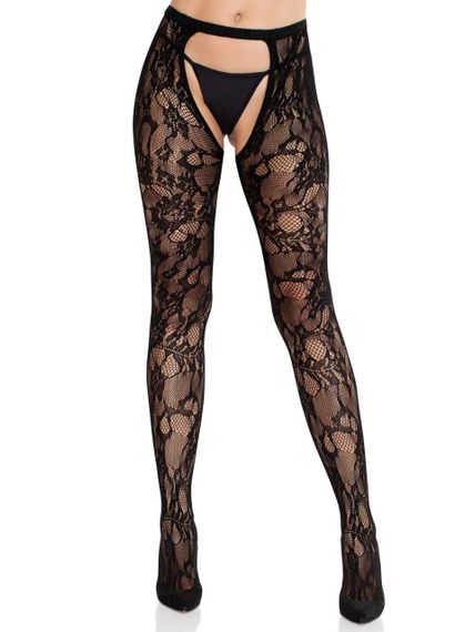 Колготки Leg Avenue Rose Lace Crotchless Tights with Open One Size Black sexstyle