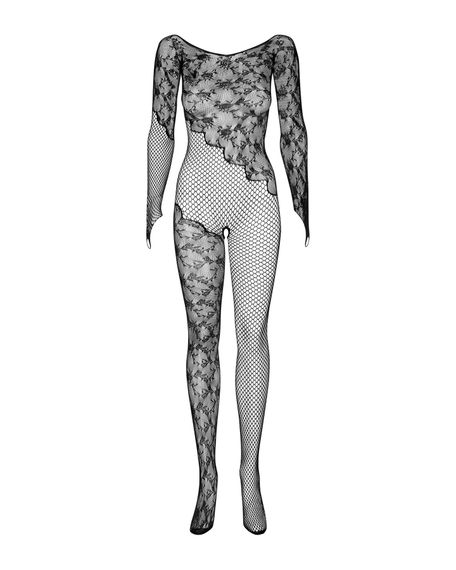 Бодістокінг Obsessive Bodystocking F210 S/M/L black, рукава-мітенки, сітка, кольорове мереживо | Зображення 5