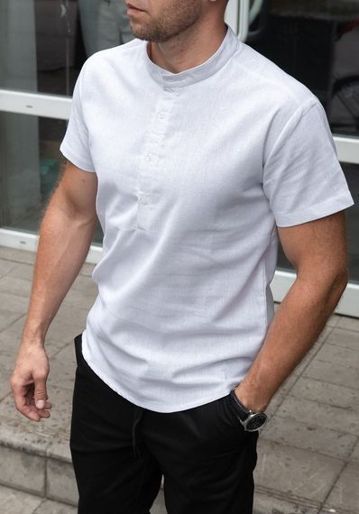 Мужская льнаная рубашка с коротким рукавом и воротником стойка на трех пуговицах RA1504 цвет белый, размер S | Зображення 3