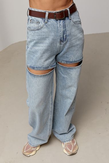 Широкі жіночі джинси з розрізами - блакитний цвет, M (є розміри)