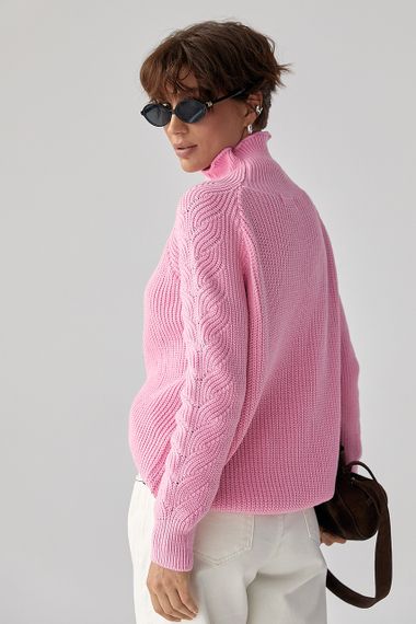 В'язаний жіночий светр із косичками - рожевий цвет, ONE SIZE (є розміри) | Зображення 1
