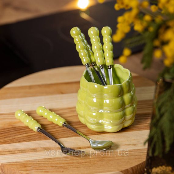 Набір десертних виделок і ложок на 3 персони з підставкою з порцелянау 7 предметів Зелений HP-20-58 | Зображення 5