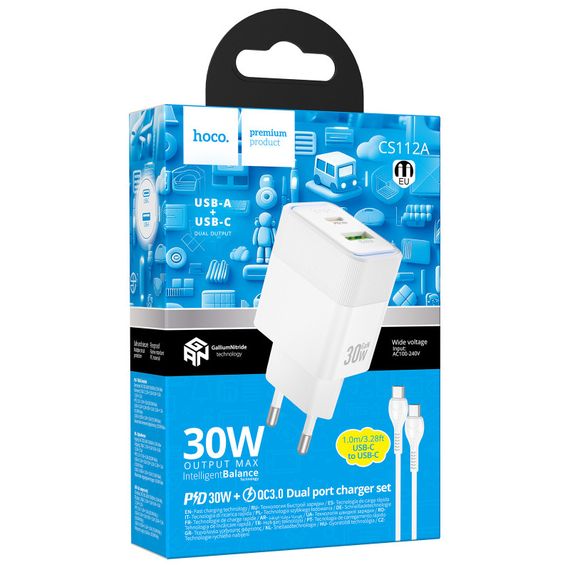 СЗУ Hoco CS112A Lounge PD30W+QC3.0 (1USB-A/1C) + кабель Type-C to Type-C White | Зображення 3