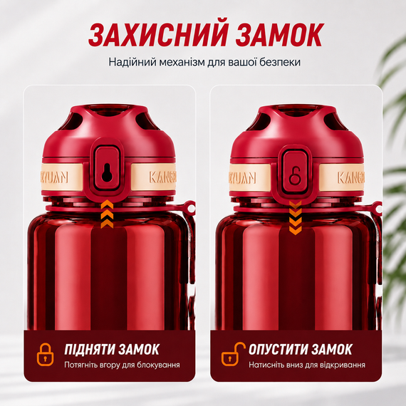 Спортивная бутылка для воды KANGZYUAN 1000 мл Красная, Tritan (BPA Free), ударопрочная с ремешком | Зображення 5