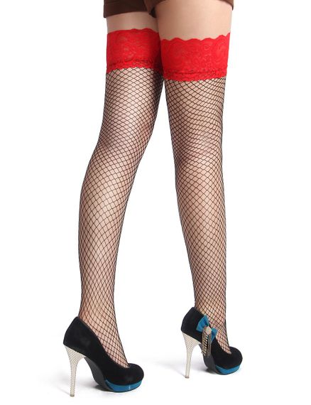Панчохи еротичні в сіточку Star Night Fishnets, чорні з червоним мереживом | Зображення 3