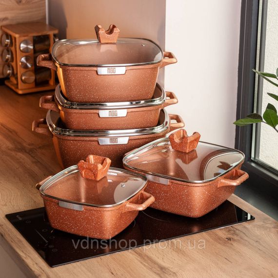 Набор из 5 алюминиевых квадратных кастрюль с толстым дном MGC + лопатка, половник, перчатки и фартук HP-4-468 | Зображення 5