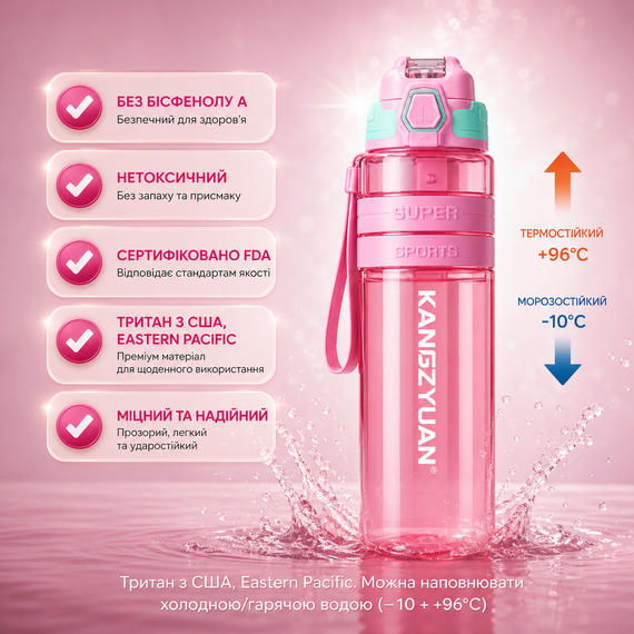 Спортивна пляшка для води KANGZYUAN 1000 мл (1 л) Рожева  — Ударостійкий Тритан (BPA Free) з ремінцем та шкалою | Зображення 4