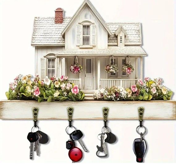 Ключница настенная в форме деревянной виллы, 2D дизайн, 4 металлически  крючка  30*23 | Зображення 2