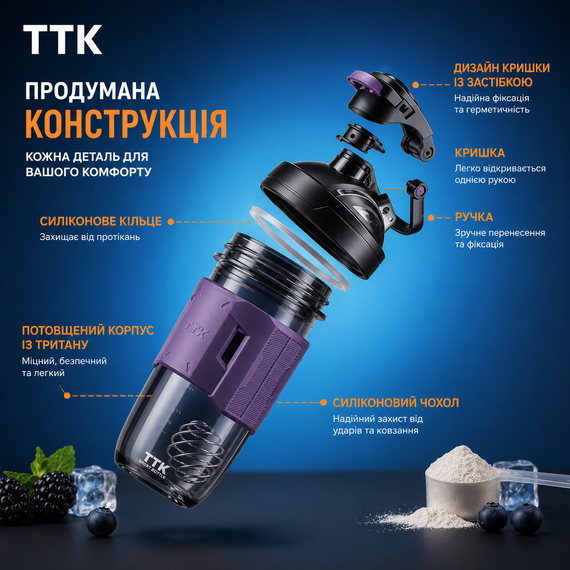 Спортивный шейкер TKK (700 мл) - Фиолетовый Tritan BPA-free, ударопрочный, с венчиком для смешивания | Зображення 9