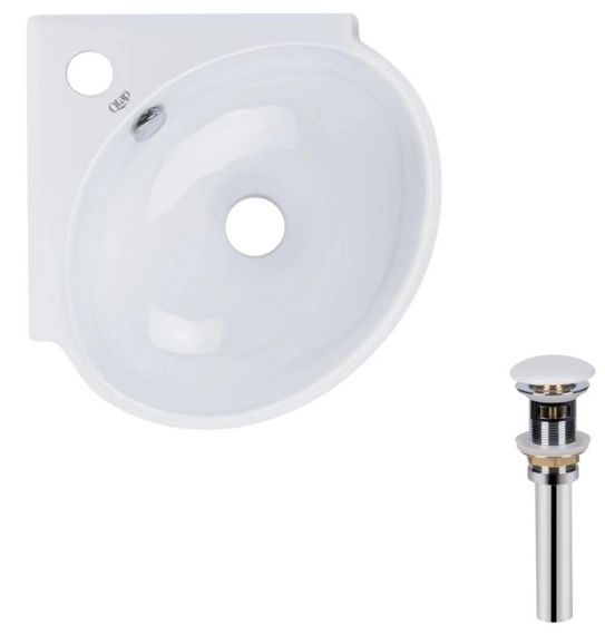 Комплект Qtap Leo N: Раковина підвісна кутова овальна 380x360x130 мм WHITE + Донний клапан PU02O (QT11115010WN47331)