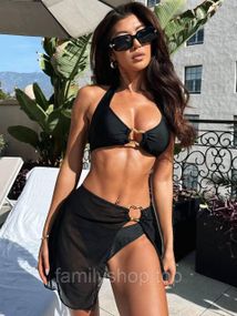 Женский раздельный купальник тройка 3 в 1 с юбкой бифлекс, MBк982, цвет черный, размер S