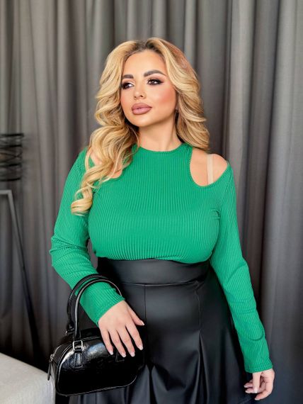 Женская кофта-лонгслив в рубчик с вырезами на плечах МТ357 цвет зеленый, размер 50/52 | Зображення 1