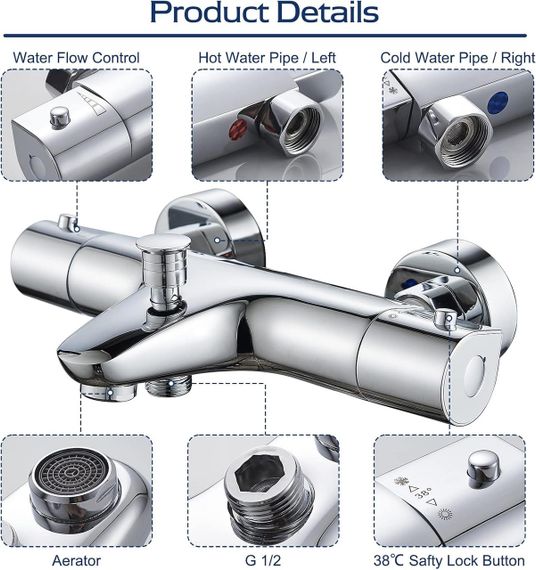 Термостатичний змішувач для ванни SINKTORY із захистом 38℃, з двома виходами води, латунний, хромований | Зображення 5