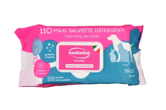 Вологі серветки для всіх типів шерсті котів, собак та кроликів Inodorina Everyday Talco з ніжним ароматом тальку, 110 шт