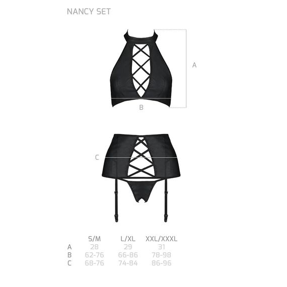 Комплект з еко-шкіри з імітацією шнурівки Passion NANCY SET S/M black топ, трусики, пояс для панчіх | Зображення 4