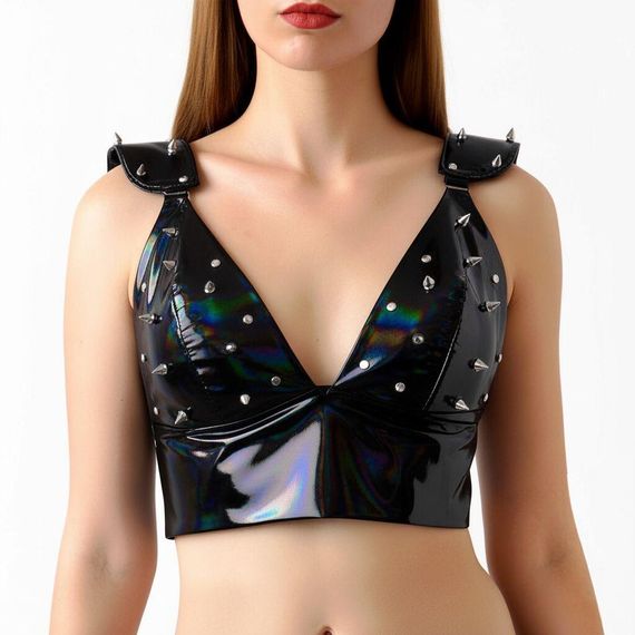 Лакований вініловий ліф з шипами Art of Sex - Mistress, чорний з ефектом голограми, розмір M Sex Aura