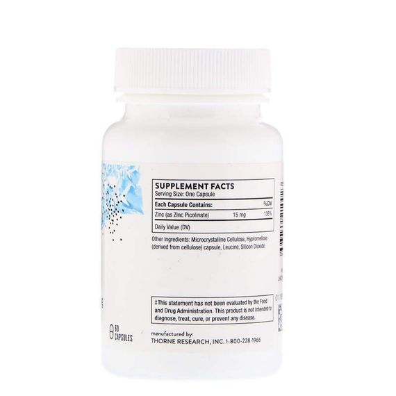Пиколинат цинка, Zinc Picolinate, Thorne, 15 мг, 60 капсул | Зображення 1