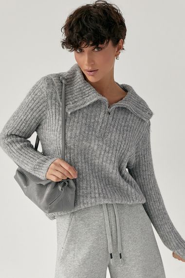 Тепла кофта в рубчик із блискавкою на комірі - сірий цвет, ONE SIZE (є розміри) | Зображення 4