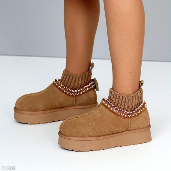 Низкие угги с текстильным манжетом натуральная замша цвет Карамель | Зображення 8