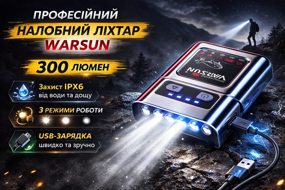 Професійний налобний ліхтар Warsun — 300 Люмен, захист IPX6, 3 режими роботи + USB-зарядка.
