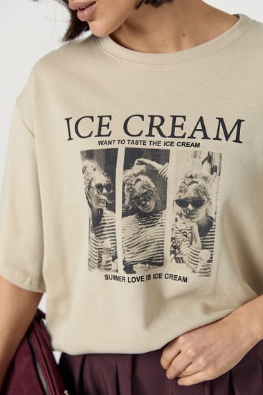 Бавовняна футболка вільного крою з написом Ice Cream - кавовий цвет, ONE SIZE (є розміри) | Зображення 3