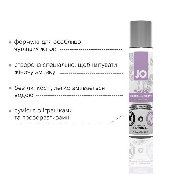 Змазка на водній основі System JO AGAPE — ORIGINAL (30 мл) без гліцерину, гліколю та парабенів | Зображення 2