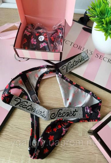 Женские трусики Стринги Victoria`s Secret Стразы M, Черно-красный Прописью | Зображення 2