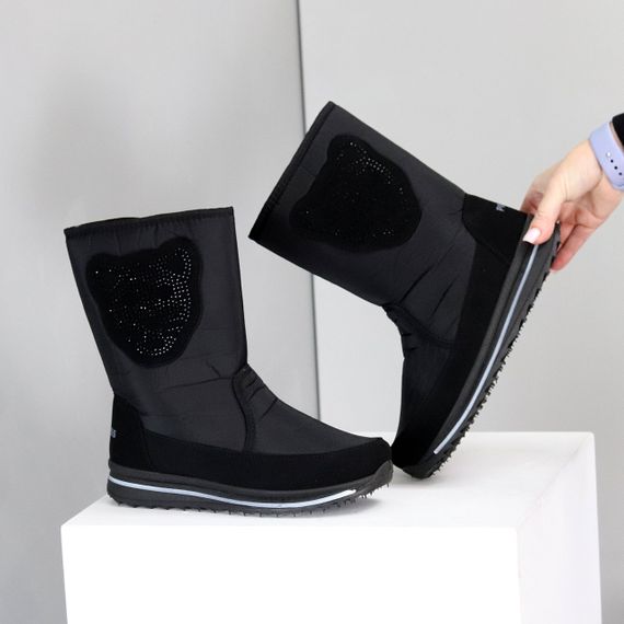 Чорні середні теплі зимові чоботи дутики з декором 38
