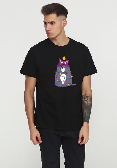 Футболка чоловіча чорна з принтом "Сірий кіт", XL