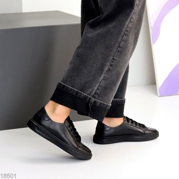 Повсякденні Чорні шкіряні прошиті кеди натуральна шкіра | Зображення 3