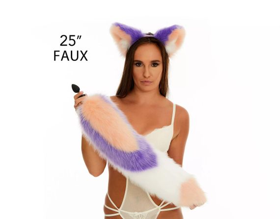 Анальний хутряний хвіст без пробки, Триколірний: Персиковий, фіолетовий, білий з персиковим кінчиком, OKOVA 60 см. sexstyle