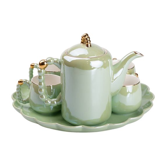 Чайний набір на 6 персон із заварювальним чайником, чайником-заварником та керамічною підставкою Зелений | Зображення 5