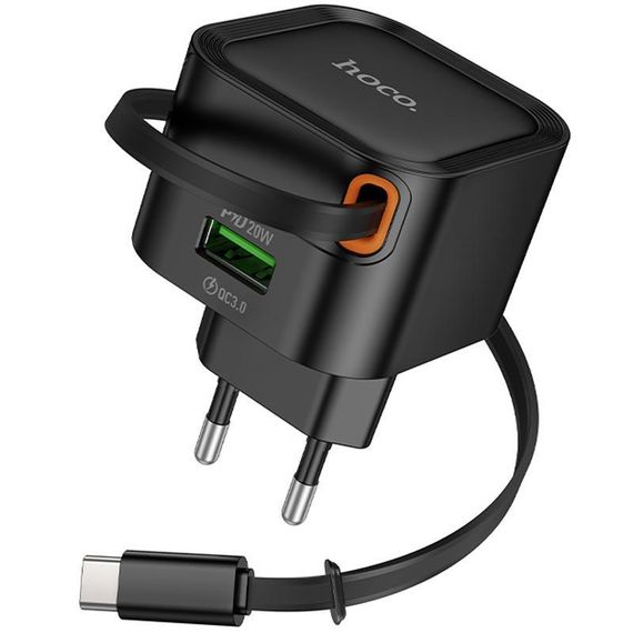 СЗУ Hoco C154A Changer With Retractable Cable Type-C PD20W+QC3.0 (1USB-C) Black | Зображення 2