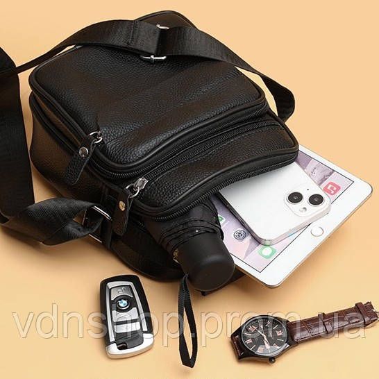 Чоловічі шкіряні сумки планшет 17х21х9, барсетка через плече з ручкою чорна 86802 | Зображення 4