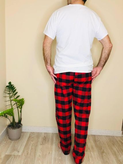 Домашня піжама для чоловіків COSY із фланелі (штани+футболка біла) червоно/чорні | Зображення 1