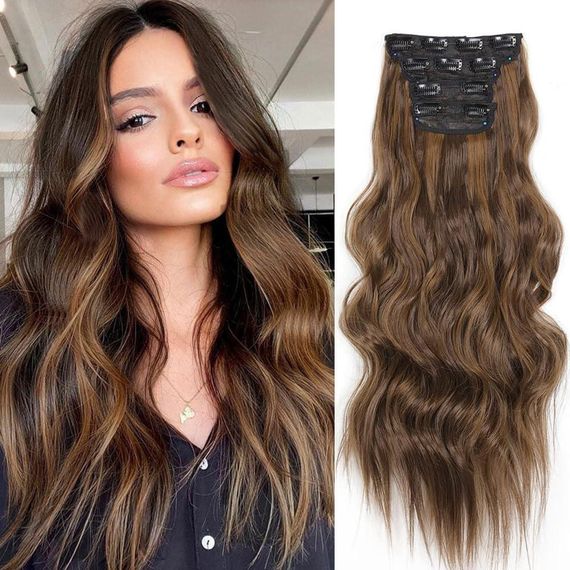 Накладні пасма на кліпсах 4 шт каштанові з меліруванням, хвилясте волосся треси на заколках 50см нарощування обʼєму термостійке