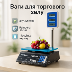 Торговые весы Rainberg RB‐304 со стойкой, электронные 50 кг, двусторонний дисплей, нержавеющая платформа, аккумуляторные