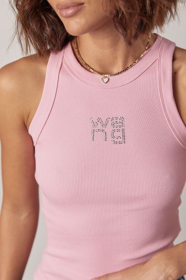 Женская майка в рубчик с надписью Wang из термостраз - розовый цвет, L (есть размеры) | Зображення 3