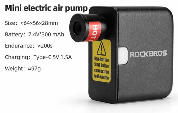 Портативний електричний насос ROCKBROS AS1 Mini з високим тиском, з наконечником для вентиля FV/AV, для дорожніх та гірських велосипедів | Зображення 2