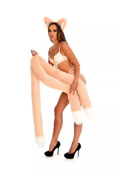 Анальний потрійний хутряний хвіст без пробки, Персиковий з білим кінчиком, OKOVA 100 см. sexstyle | Зображення 3